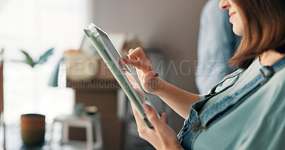 Buy stock photo Home, tablet and hands of woman online for social networking, internet shopping and website store. House, relaxing and person on digital tech for subscription, reading news and ebook on weekend