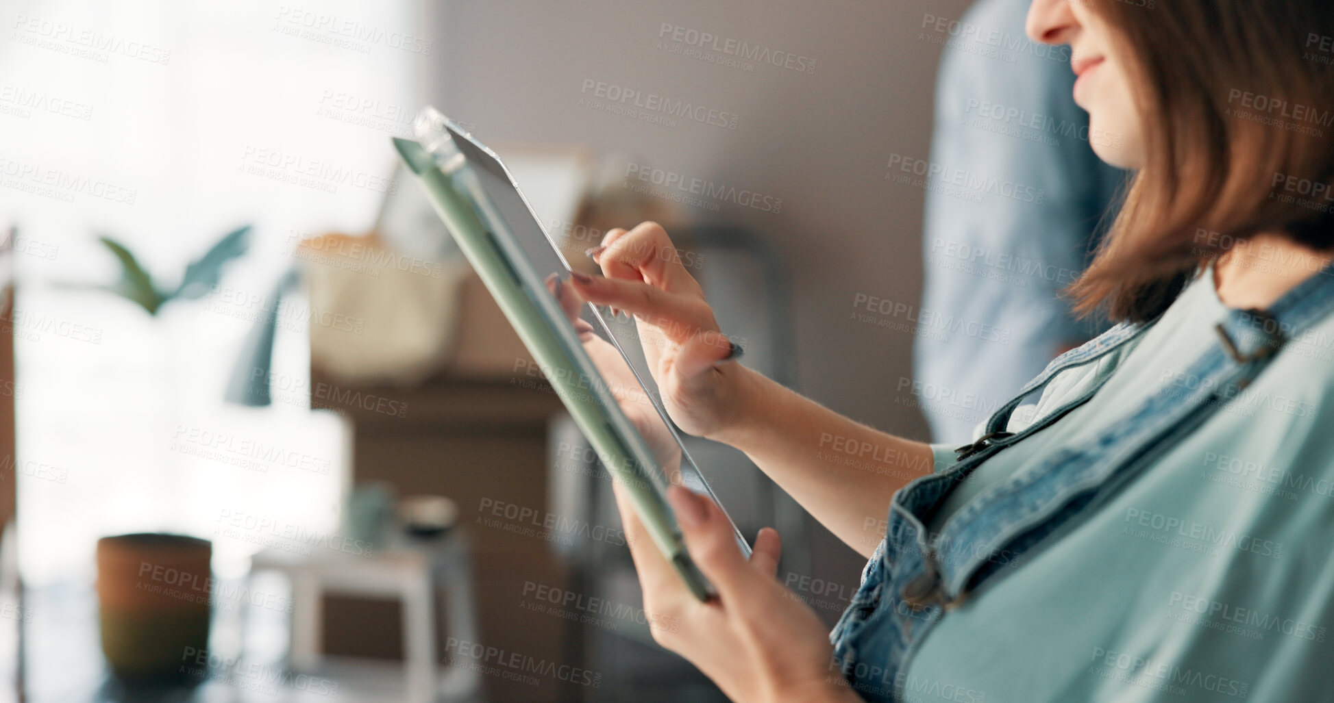 Buy stock photo Home, tablet and hands of woman online for social networking, internet shopping and website store. House, relaxing and person on digital tech for subscription, reading news and ebook on weekend