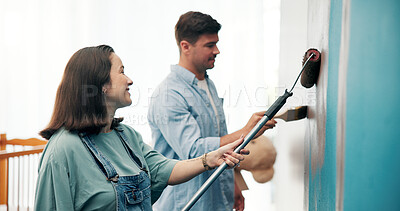 Buy stock photo Couple, project and painting a wall in home for diy renovation, living room makeover or house improvement. Interior design, people or support for decoration process, conversation or relationship