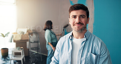 Buy stock photo Portrait, smile and man in home for painting, wall decoration or renovation with pregnant woman. DIY, interior design or parents with improvement for nursery preparation, remodeling or house makeover
