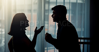 Buy stock photo Conflict, couple and disagreement with argument in home for cheating affair, marriage infidelity or betrayal. Silhouette, frustrated people and pregnant woman for toxic relationship, drama or divorce