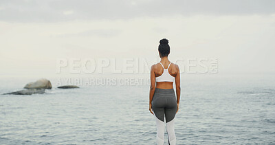 Buy stock photo Back view, ocean and woman at beach for fitness, body health or thinking of wellness with space. Sea, water and calm person outdoor for exercise, planning and peace on workout break with reflection