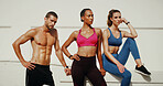 Fitness, people and thinking in city with break, exercise rest and sweating with wellness. Man, women and athlete group at building for teamwork, healthy body and development with personal trainer