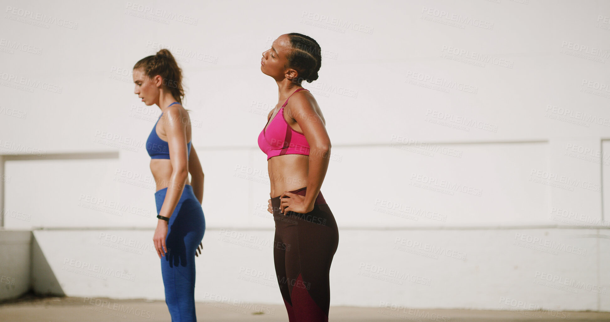 Buy stock photo Fitness, rest and women in city for workout, exercise and marathon training outdoors. Sports, friends and people on break, relax and breath for challenge, performance and wellness in urban town