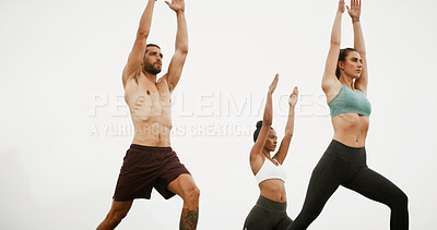 Buy stock photo Yoga, stretching and people in nature for wellness, balance and health outdoors in morning. Fitness, pilates and man and women for exercise, workout and warrior pose for calm, mobility or flexibility