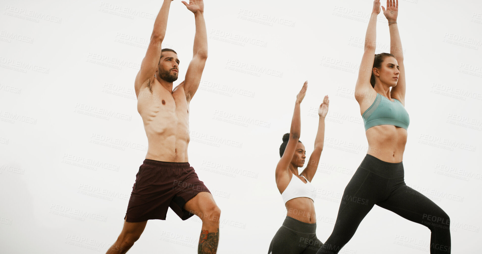 Buy stock photo Yoga, stretching and people in nature for wellness, balance and health outdoors in morning. Fitness, pilates and man and women for exercise, workout and warrior pose for calm, mobility or flexibility
