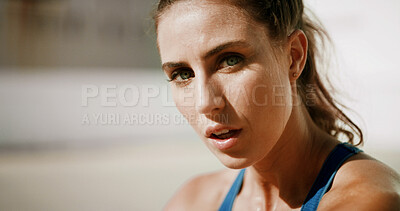 Buy stock photo Woman, portrait and break in city, fitness and workout for muscle growth in summer, sweat or tired for wellness. Person, runner and rest with face, fatigue and training on urban sidewalk in Australia