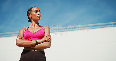 Buy stock photo Fitness, woman and arms crossed with thinking, exercise space and sweat with wellness. Athlete, confidence and blue sky mockup for performance, body goals and outdoors for summer sports and balance