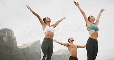 Buy stock photo Friends, yoga and stretching with group in nature, man and women with breathing, wellness and mindfulness in morning. People, freedom and low angle with health, outdoor and mountains in summer