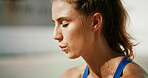Breathing, outdoor and woman with training, exercise and calm with rest, wellness or hobby. Healthy person, athlete or girl with fitness, fatigue or workout with runner, tired or exhausted with break