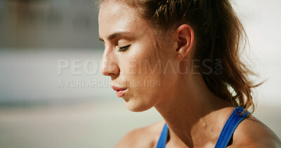 Buy stock photo Breathing, outdoor and woman with exercise, break and calm with rest, wellness or hobby. Healthy person, athlete or girl with fitness, fatigue or workout with runner, tired or exhausted with space