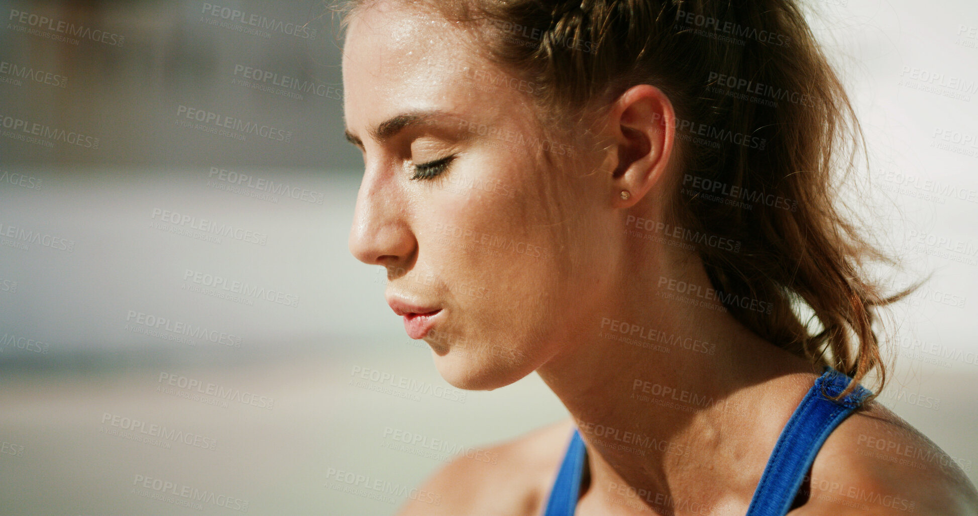 Buy stock photo Breathing, outdoor and woman with exercise, break and calm with rest, wellness or hobby. Healthy person, athlete or girl with fitness, fatigue or workout with runner, tired or exhausted with space