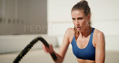 Buy stock photo Workout, woman and battle ropes outdoor for core strength, power training and muscular endurance. Athlete, person and energy with exercise equipment for fitness, health performance or sport challenge