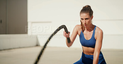 Buy stock photo Fitness, woman and battle ropes workout outdoor for core strength, power training and muscular endurance. Athlete, person and energy with exercise equipment for agility, intense challenge or wellness
