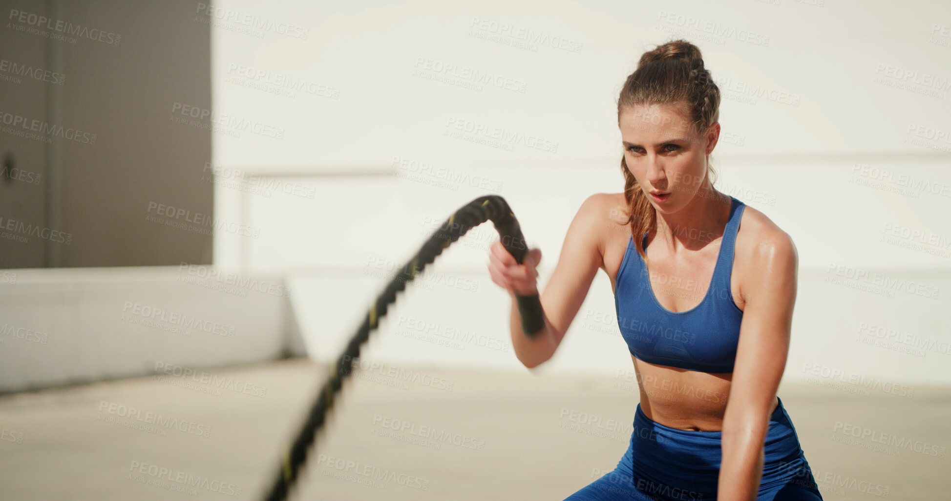 Buy stock photo Fitness, woman and battle ropes workout outdoor for core strength, power training and muscular endurance. Athlete, person and energy with exercise equipment for agility, intense challenge or wellness