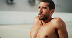Breathing, outdoor and man with fitness, resting and calm with break, wellness and challenge. Healthy person, athlete and guy in city, training or workout with runner, tired or exhausted with fatigue
