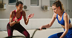 Fitness, battle ropes and motivation with personal trainer to workout, exercise and wellness. Muscle, woman and bodybuilder with coach for strength, blur or clapping for fast cardio challenge in city