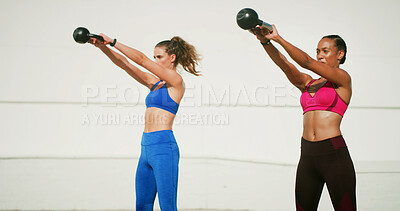 Buy stock photo Fitness, friends and women with kettlebell for muscle, weights for strength training and outdoor together. Weightlifting, power and challenge with gym equipment for team workout, energy and health