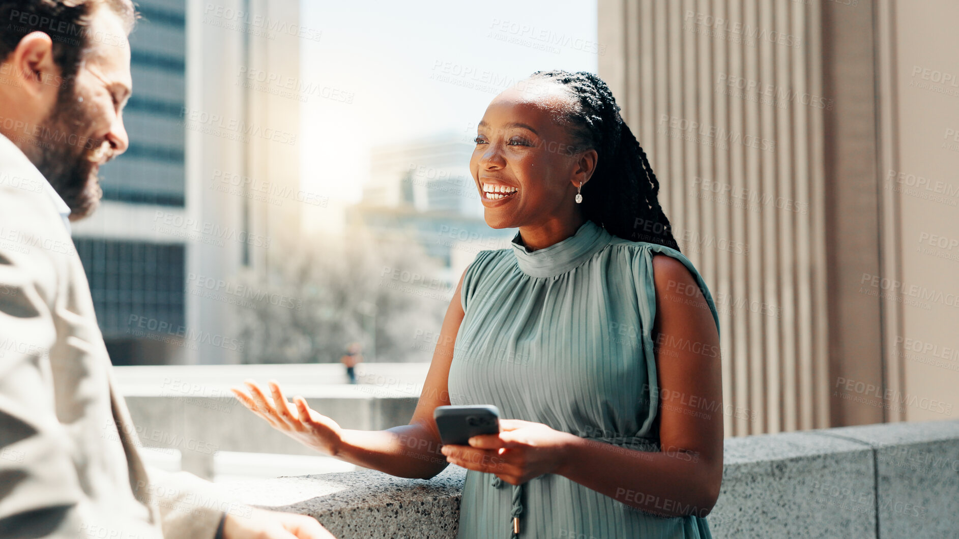 Buy stock photo Discussion, cellphone and business people in city, teamwork and social media for company. Employees, share ideas and cooperation with smartphone, planning for project and conversation in New York
