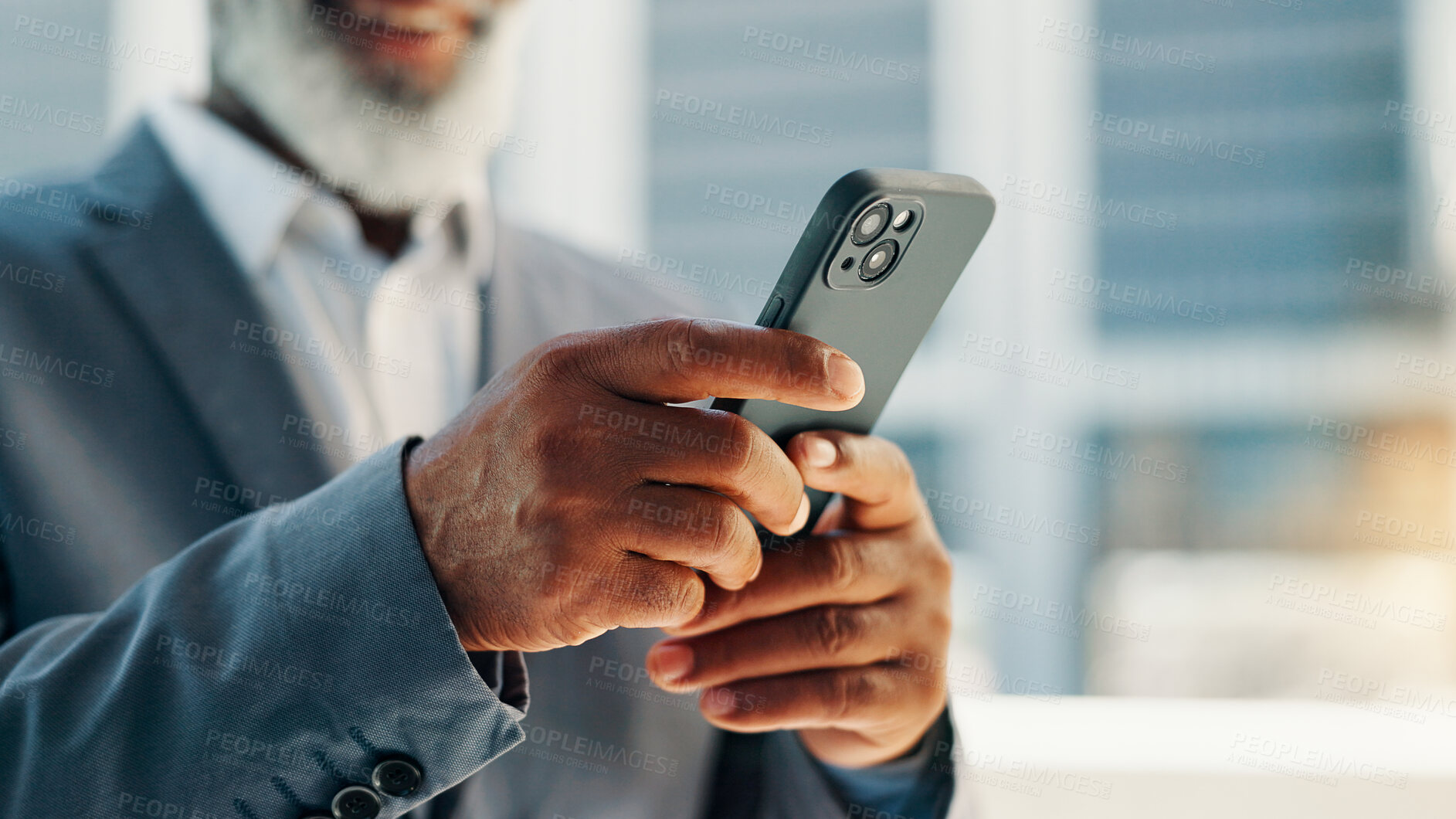 Buy stock photo City, cellphone and hands of business man for networking, social media and online for contact. Professional, corporate and person on smartphone for text message, email and website in town for travel