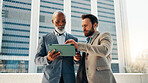 Business people, tablet and men in city, scroll and conversation with teamwork. Employees, financial consultant and tax advisor in street, urban town and tech with website info, review email and app