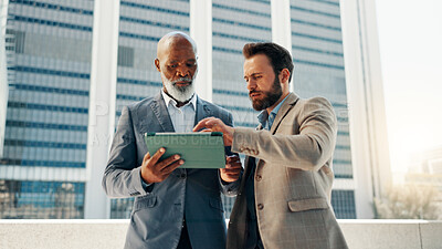 Buy stock photo Business people, tablet and men in city, scroll and tax advisor with teamwork. Employees, financial consultant and connection in street, urban town and tech with website info, review email and app