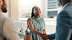 Meeting, smile and handshake with business woman in city for real estate developer, partnership and welcome. Property realtor, urban planning and project with employees outdoors for introduction