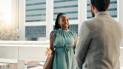 Buy stock photo Meeting, smile and teamwork with business people in city for real estate developer, partnership and discussion. Property realtor, urban planning and project with employees outdoors for collaboration