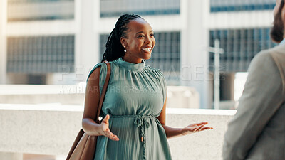 Buy stock photo Meeting, smile and partnership with business people in city for real estate developer, teamwork and discussion. Property realtor, urban planning and project with employees outdoors for collaboration