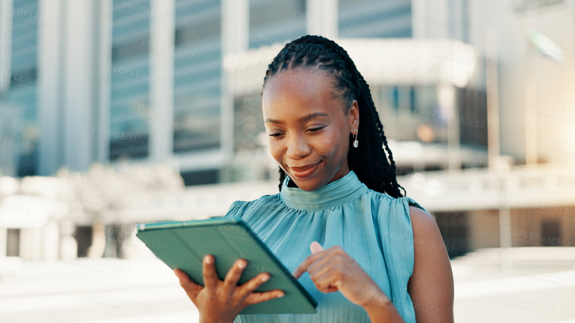 Buy stock photo Tablet, web and business with black woman in city for client email, networking app or urban planner. Feedback, building permit news and outdoor connection with person for real estate development