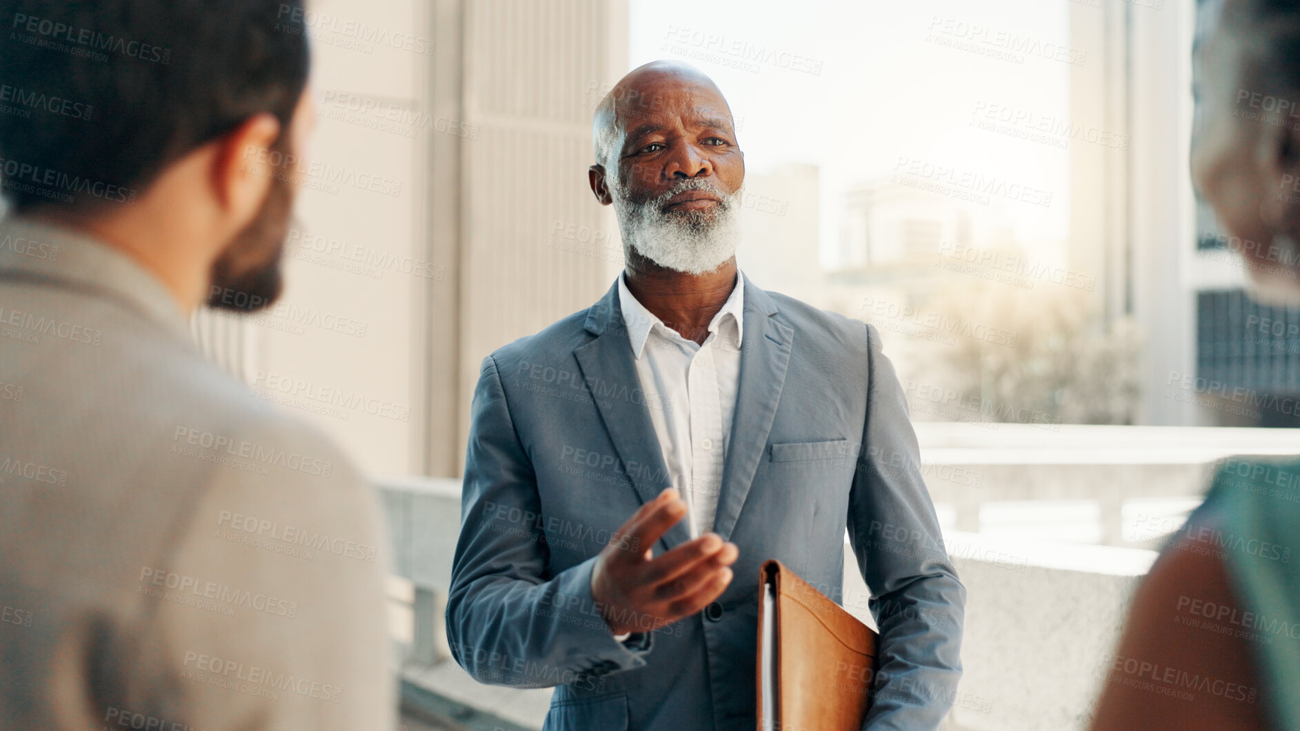 Buy stock photo Meeting, mentor and teamwork with business man in city for real estate developer, partnership and discussion. Property realtor, urban planning and project with employees outdoors for collaboration