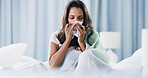 Woman, tissue and blowing nose in bed with flu, mucus or nasal congestion in morning at house. Girl, toilet paper and cleaning nostrils for hygiene, breathing and sick with inflammation at apartment