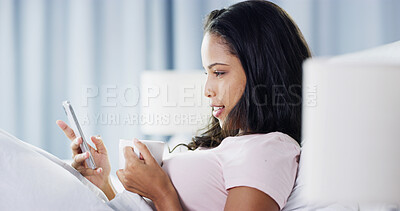 Buy stock photo Wake up, coffee or woman with phone in bed for dating app website, chat forum or social media. Morning, reading online or person with mobile in home for status update, text message or notification