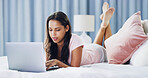Relax, typing and laptop with woman in bedroom for online dating, chat forum and social media. Profile view, status update and connection with person at home for networking, communication and search