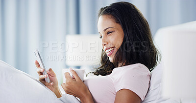 Buy stock photo Happy, coffee or woman with phone in bed for news app website, chat forum or social media. Morning, reading online or person with mobile in home for status update, funny meme message or notification
