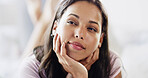 Home, bedroom and relax with woman, thinking and choice with contemplation, break and comfort. Apartment, wonder and happy person with thoughts, problem solving and decision with morning or nostalgia