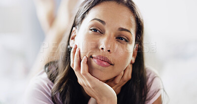 Buy stock photo Home, bedroom and relax with woman, thinking and choice with contemplation, break and comfort. Apartment, wonder and happy person with thoughts, problem solving and decision with morning or nostalgia