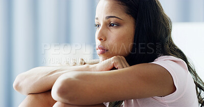 Buy stock photo Girl, bedroom and sad with thinking, anxiety and reflection with depression in morning at apartment. Woman, person and wake up with insomnia, lonely and worry with stress for mental health in house