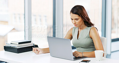 Buy stock photo Woman, notes and reading with laptop, creative editor and research or planning in office. Female copywriter, computer and writing idea for project in company, review or workplace administration