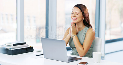 Buy stock photo Woman, praying and hope with laptop in office for good news, positive feedback or copywriter success. Excited, small business and thankful entrepreneur for journalist, article and winner or deal
