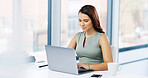 Office, businesswoman and research with laptop for typing, news story and smile for publication. Career, female person and journalist with digital for blog website, information and online for article