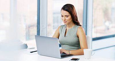 Buy stock photo Office, businesswoman and research with laptop for typing, news story and smile for publication. Career, female person and journalist with digital for blog website, information and online for article