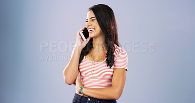 Buy stock photo Woman, listening and laughing with phone call in studio, conversation and joke with contact. Mockup space, female person and happy with mobile for gossip, funny communication and isolated background