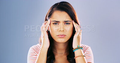 Buy stock photo Girl, headache and stress in studio portrait and burnout with temple massage for relief by background. Woman, person and frustrated for chronic migraine with brain fog, pressure or dizzy in Greece