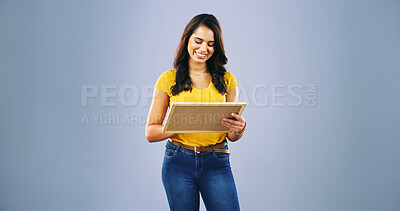 Buy stock photo Smile, photo and woman with frame for memory, nostalgia or remember past or thinking of history. Picture, happy model or person with artwork, decoration design and mockup space on studio background