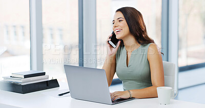Buy stock photo Woman, phone call and smile with laptop, creative editor and research or planning in office. Female copywriter, computer and talk for agency project in company, review or workplace administration