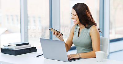 Buy stock photo Phone, laptop and smile with business woman in office for lawyer, litigation and policy approval news. Legal advisor, client patent and copyright manager with person for trademark review and reading