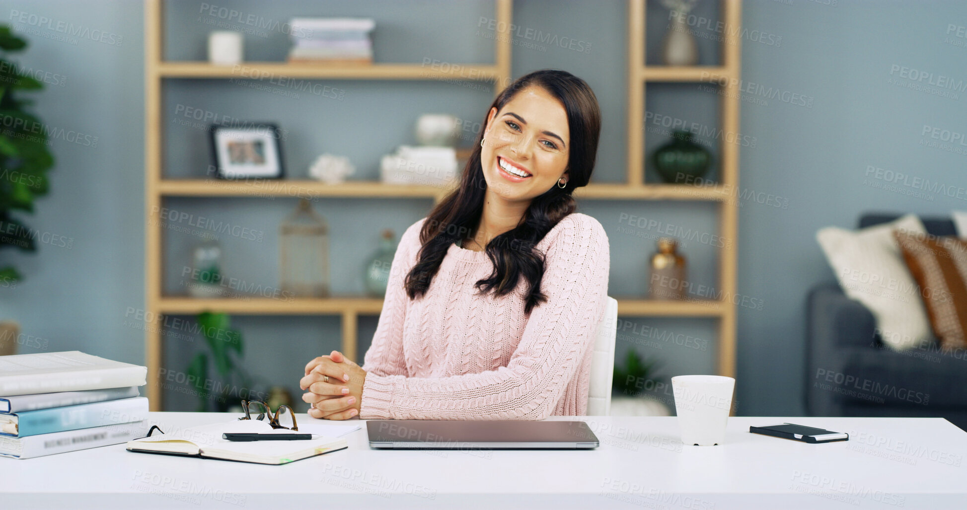 Buy stock photo Remote work from home, portrait and woman with smile, confidence or creative writing. Face, journalist or writer for magazine, research for novel or pride with career ambition, happiness or workspace