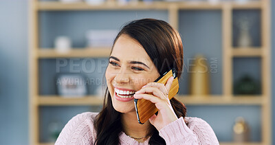 Buy stock photo Phone call, smile and woman in home, conversation and gossip with contact with tech, chat and laughing. Talking, funny joke and person with mobile for communication, listening and relax in house