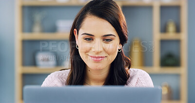 Buy stock photo Home, businesswoman and reading with laptop for research, news story and freelancer for publication. Remote work, female person and journalist with tech for blog website, article or smile for editing